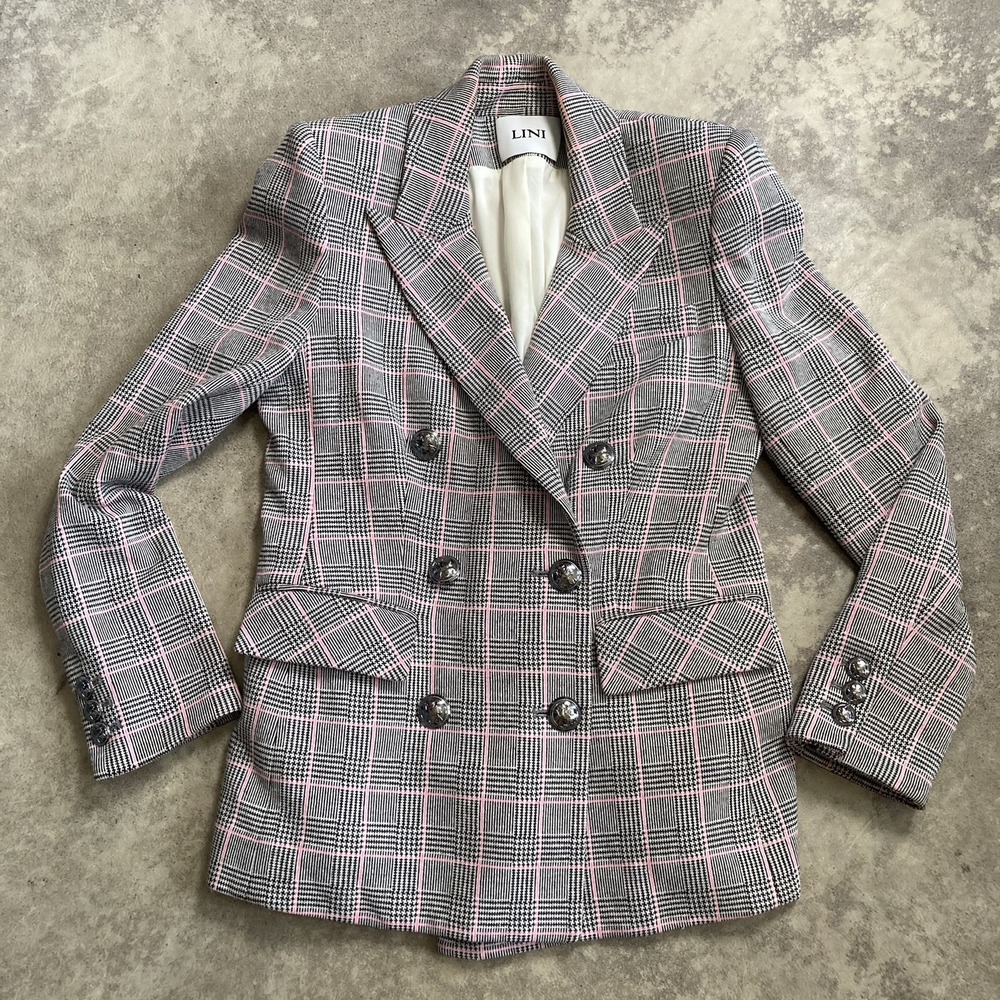 Lini Blazer Womens Sz 2 Gray Plaid Double Breast Multicolor Lined Preppy Jacket